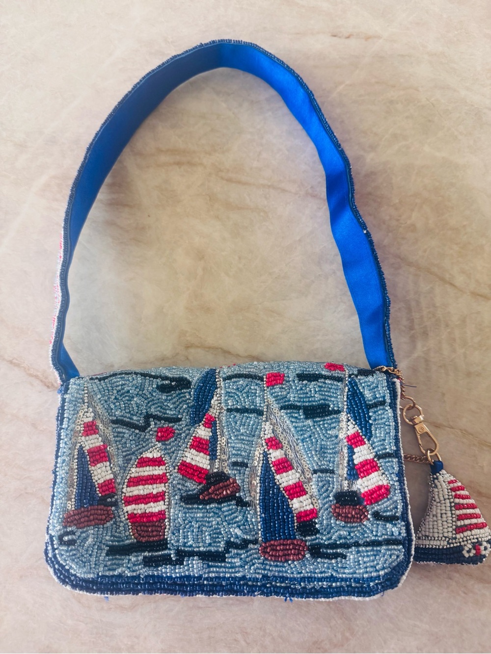 Beaded Sailboat Shoulder Bag Coastal Nautical Beach Purse